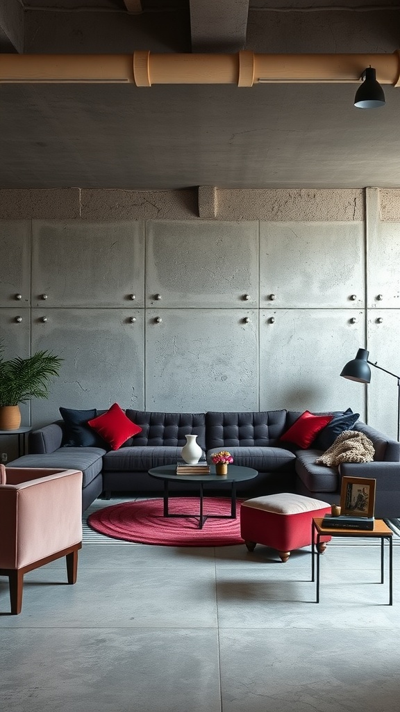 Modern living room featuring concrete walls, a dark gray sofa with red pillows, pink accent chair, and a circular rug.