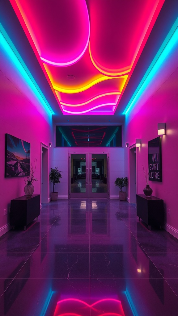 A modern foyer with colorful ribbon LED lights on the ceiling