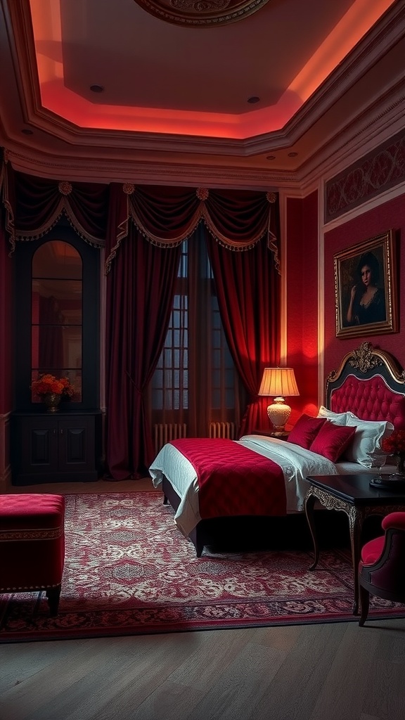 A dark and moody bedroom with rich burgundy accents, featuring draped curtains, an elegant bed, and soft lighting.
