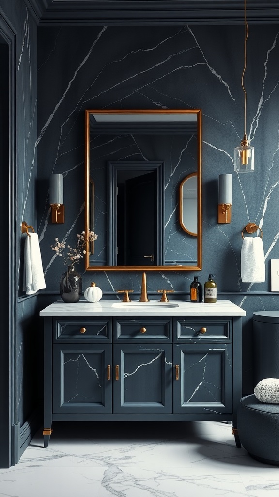 A stylish bathroom featuring a rich charcoal vanity, marble countertop, and gold accents.
