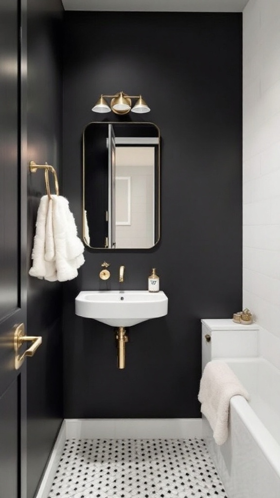 A small bathroom with rich charcoal walls, warm lighting, and elegant fixtures.