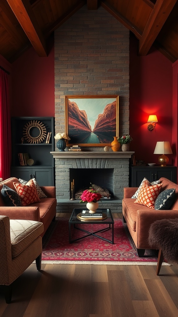 A rich aesthetic living room featuring deep red walls, plush burnt orange sofas, and a cozy fireplace.