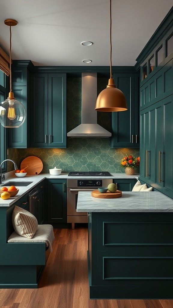 A U-shaped kitchen featuring rich dark green cabinets and cozy banquette seating.