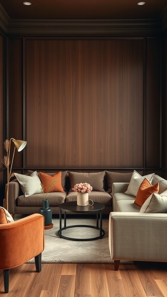 Cozy living room with rich espresso brown walls, brown sofas, and orange accent pillows