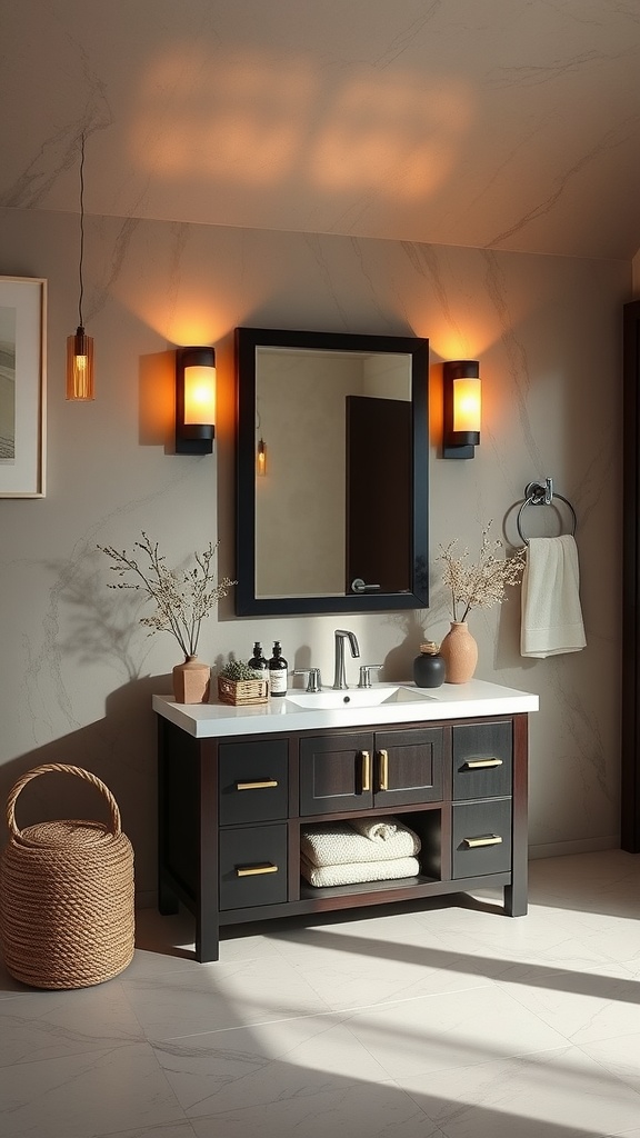 Espresso bathroom vanity with gold hardware, white countertop, and warm lighting