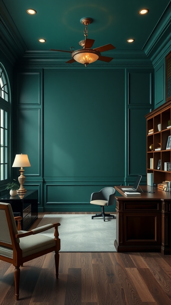 Stylish office with rich forest green walls and elegant furnishings