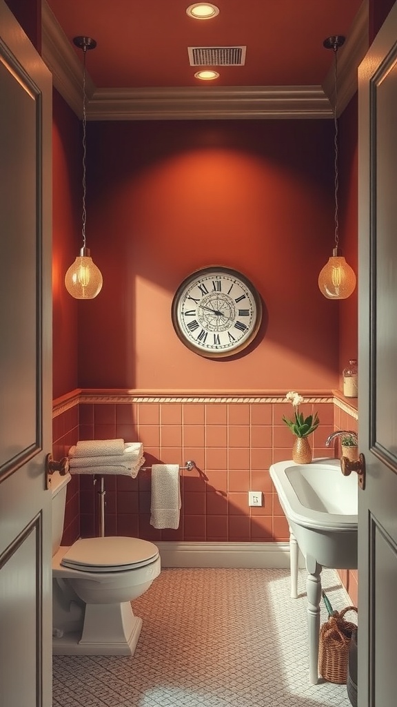 A small bathroom with terracotta walls, vintage clock, and soft lighting.