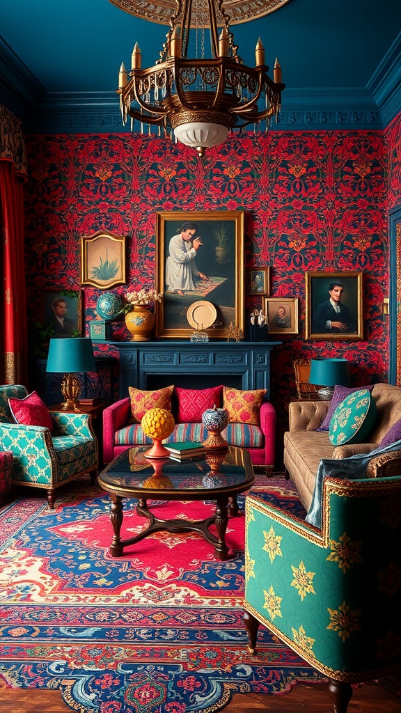 A richly decorated living room featuring jewel tones, floral wallpaper, ornate chandelier, and vibrant furniture.