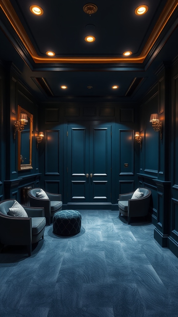 A beautifully designed basement area with rich navy blue walls, warm lighting, and comfortable seating.