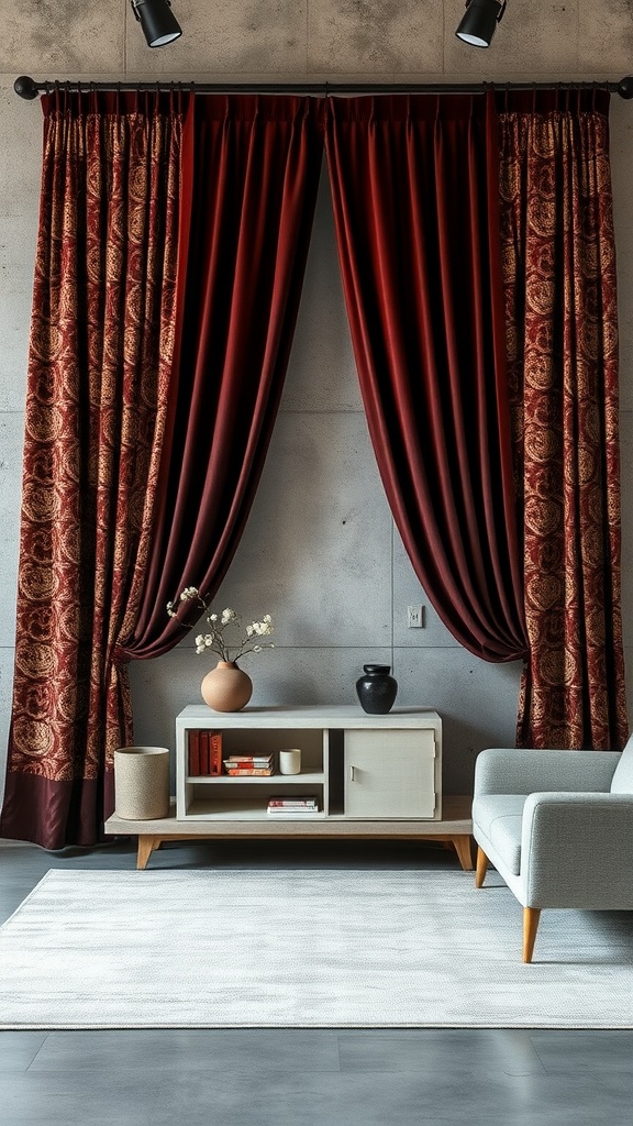 Brutalist living room featuring rich velvet curtains and a minimalist sideboard