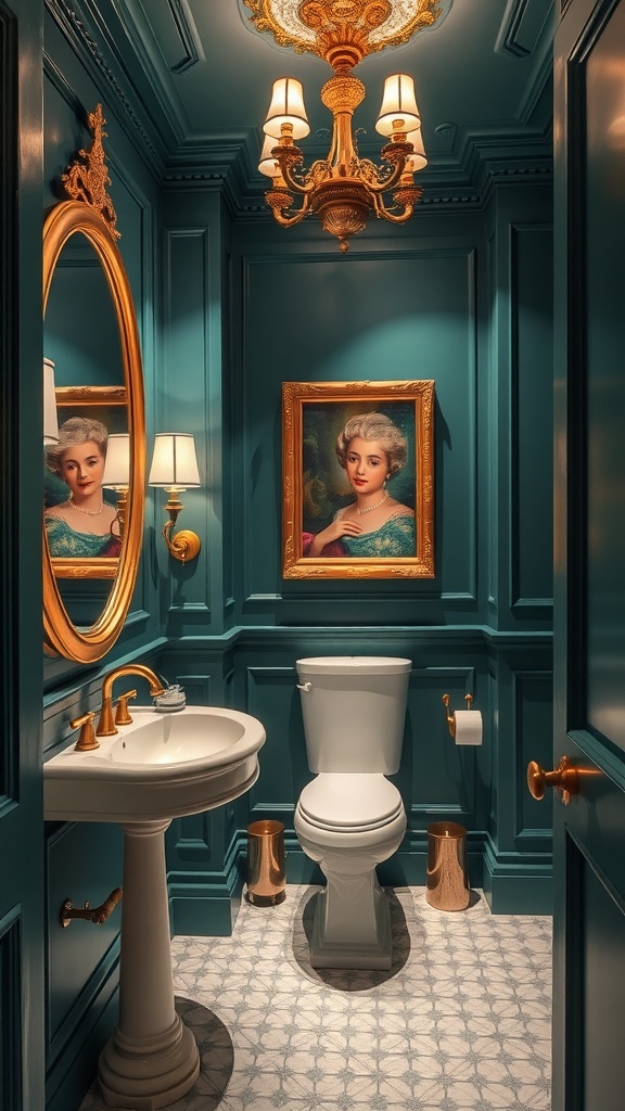 A luxurious powder room painted in rich teal with gold accents and artistic decor.