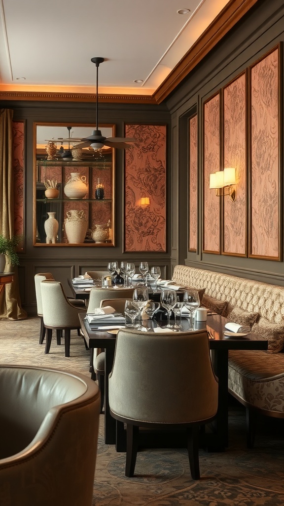 Luxurious Italian dining room with rich textures, elegant upholstery, and soft lighting.