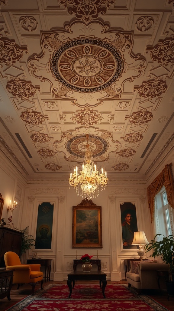 An opulent living room with an intricately designed ceiling, featuring a chandelier and warm decor.