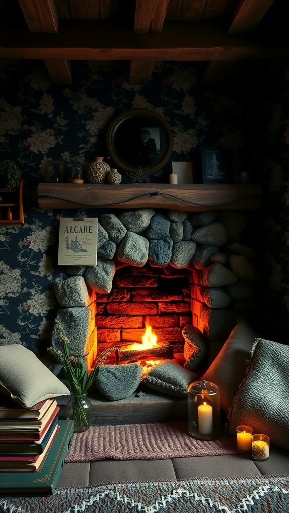A cozy nook featuring a rocky fireplace with cushions, books, and candles.