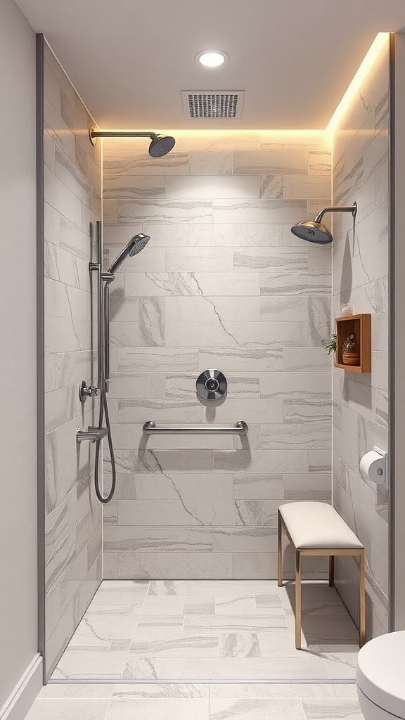 A modern roll-in shower featuring light-colored tiles, dual showerheads, a bench, and stylish grab bars.