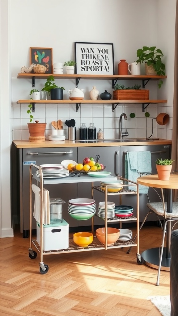 A stylish rolling dish cart with colorful plates and fruits in a small apartment kitchen.