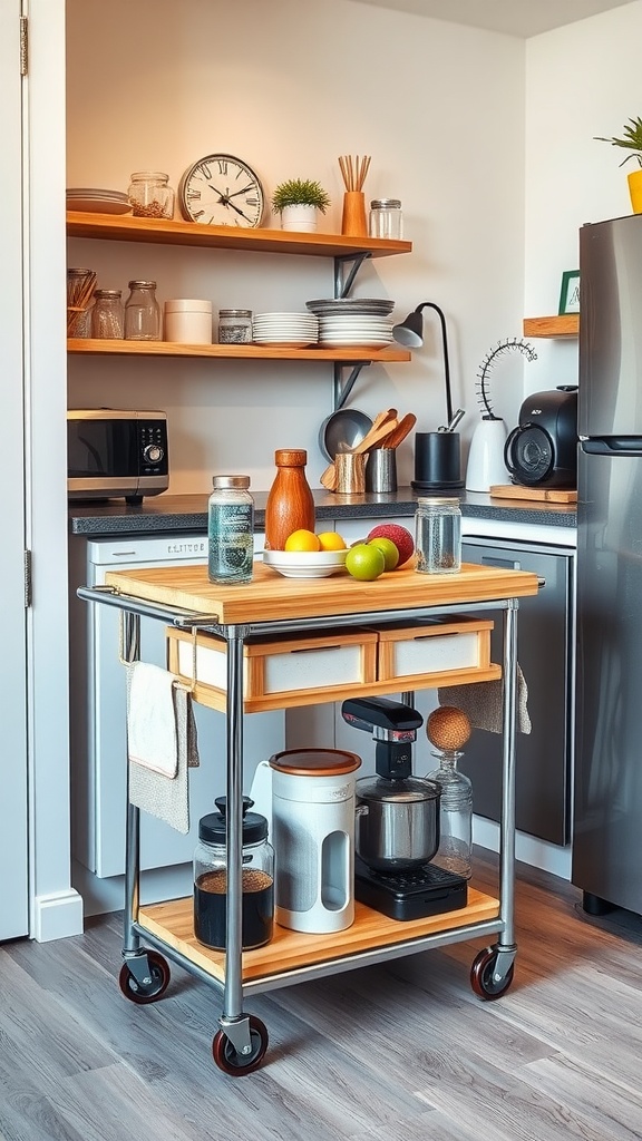 A well-organized rolling kitchen cart filled with kitchen essentials and decorative items.