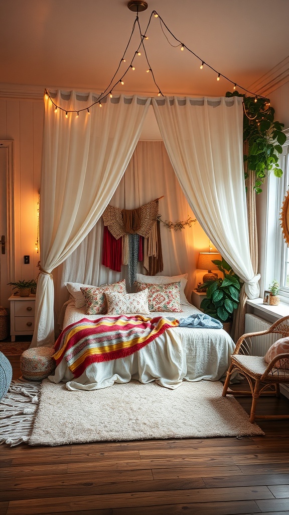 A cozy bohemian style bedroom with soft curtains, a colorful bedspread, string lights, and plants.