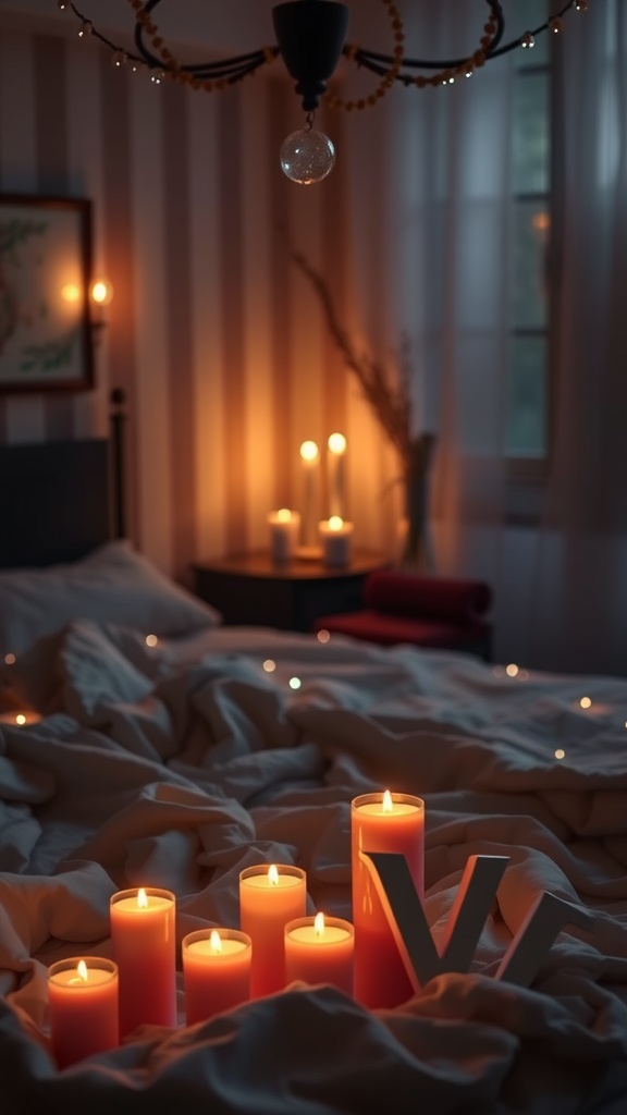 A cozy bedroom with candles creating a warm and romantic atmosphere.