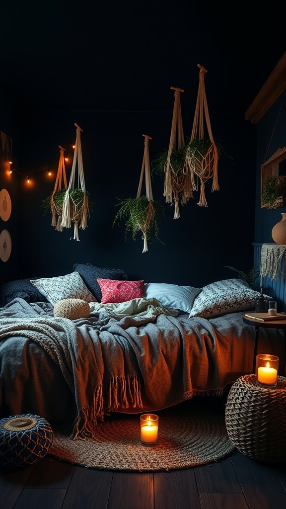 A cozy dark boho bedroom with a bed, candles, and hanging plants.