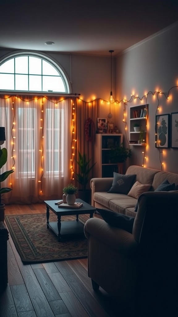 A cozy living room with warm rope lights draped around the windows and shelves.
