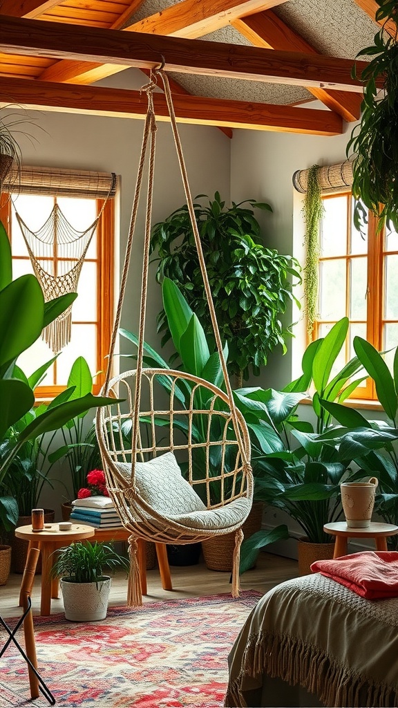 A cozy rope swing chair in a Boho jungle themed bedroom surrounded by plants and warm decor.