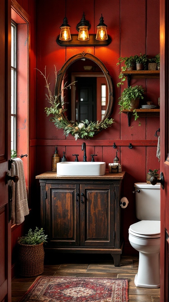 A rustic bathroom with barn red walls, a white freestanding tub, a wooden stool, and natural decor elements.