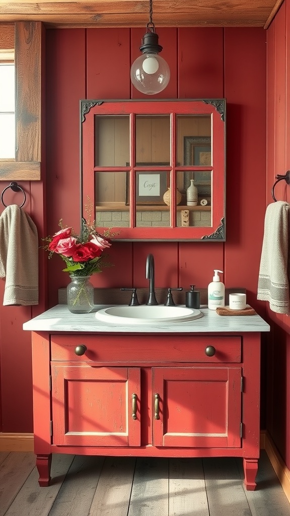 A rustic bathroom featuring a barn red vanity, wooden accents, and soft lighting.