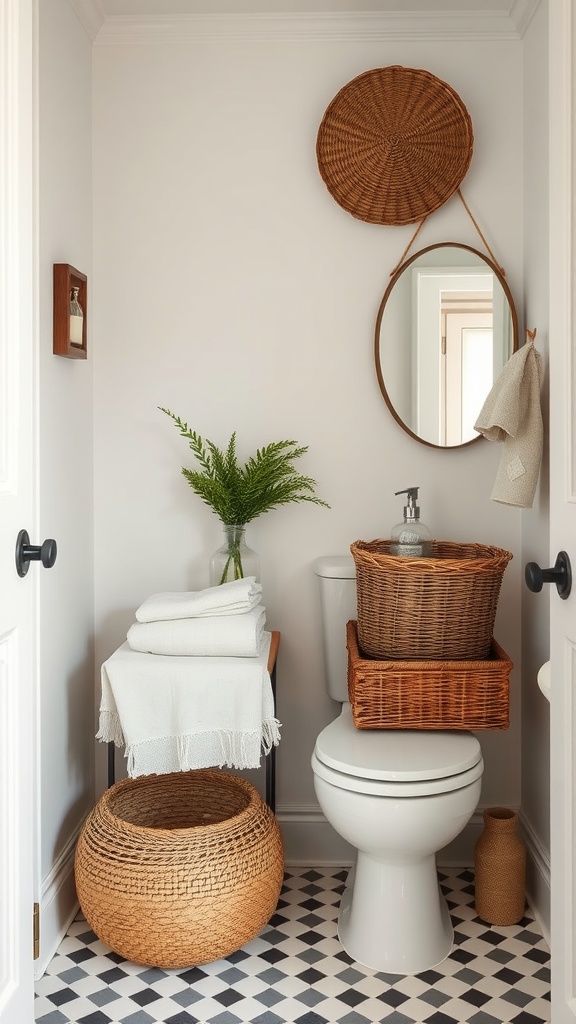 A bathroom featuring rustic basket accents with towels and plants.