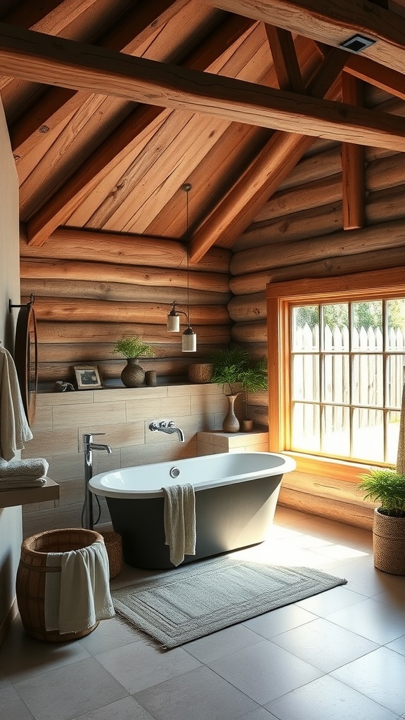 A rustic bathroom with wooden beams, a freestanding bathtub, and natural decor.