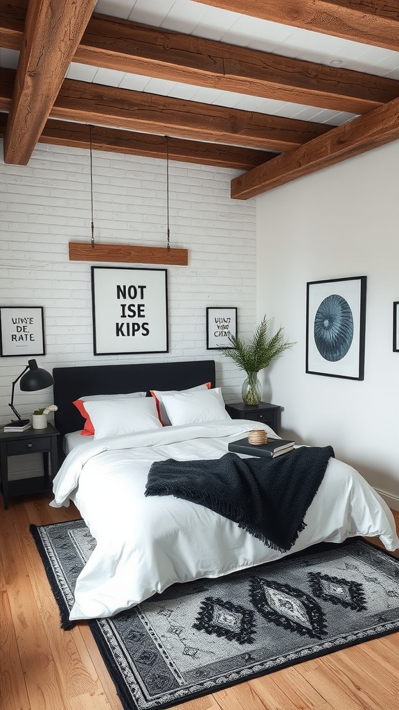 A rustic black and white bedroom featuring wooden beams, a cozy bed with white linens, and black and white decor