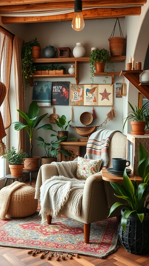 A cozy corner featuring an armchair, plants, and decorative elements, showcasing rustic bohemian style.