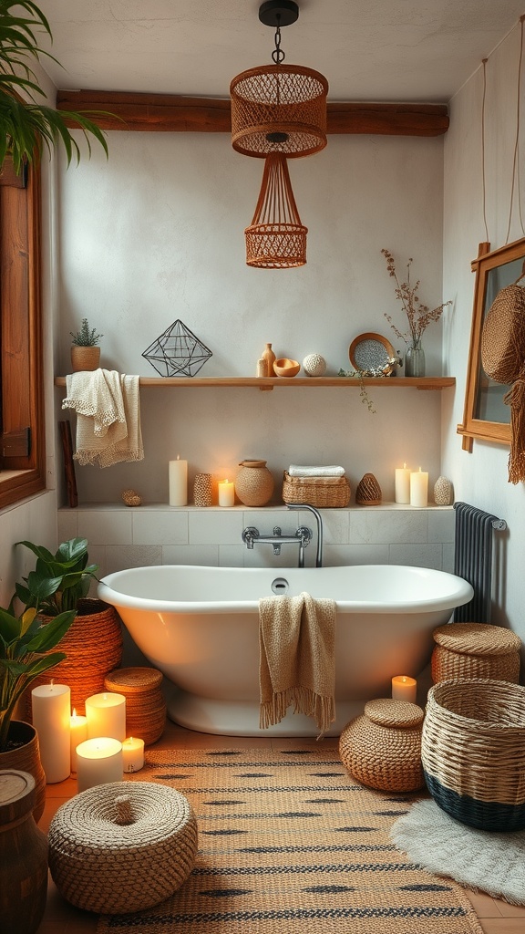 A rustic boho bathroom featuring a freestanding tub, candles, woven baskets, and natural decor elements.