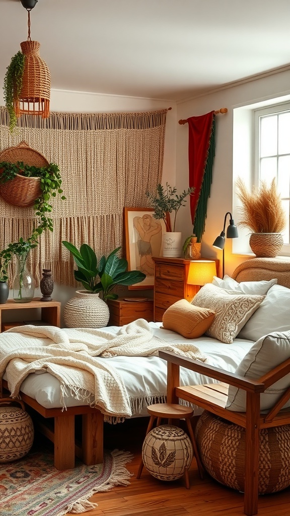 A rustic boho bedroom featuring natural materials, cozy textiles, and greenery.