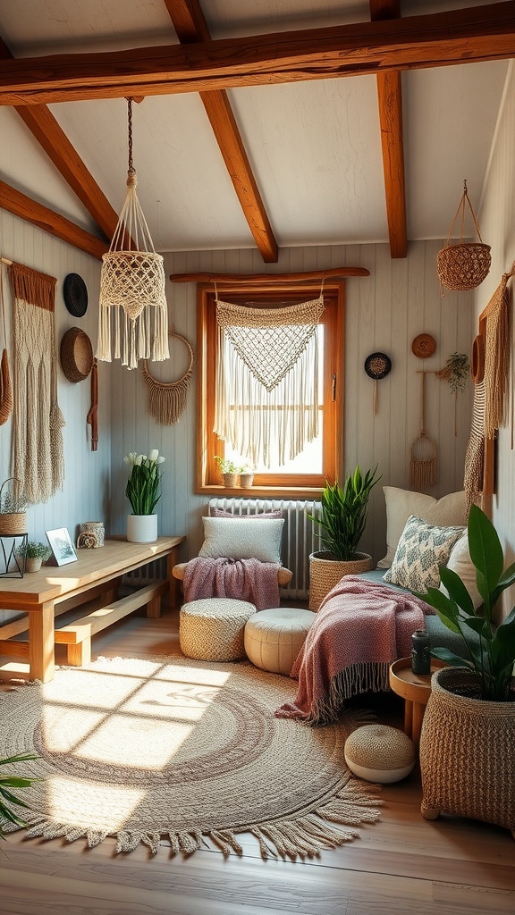 A cozy rustic boho style bedroom with wooden beams, woven rugs, macramé wall hangings, and lush plants.