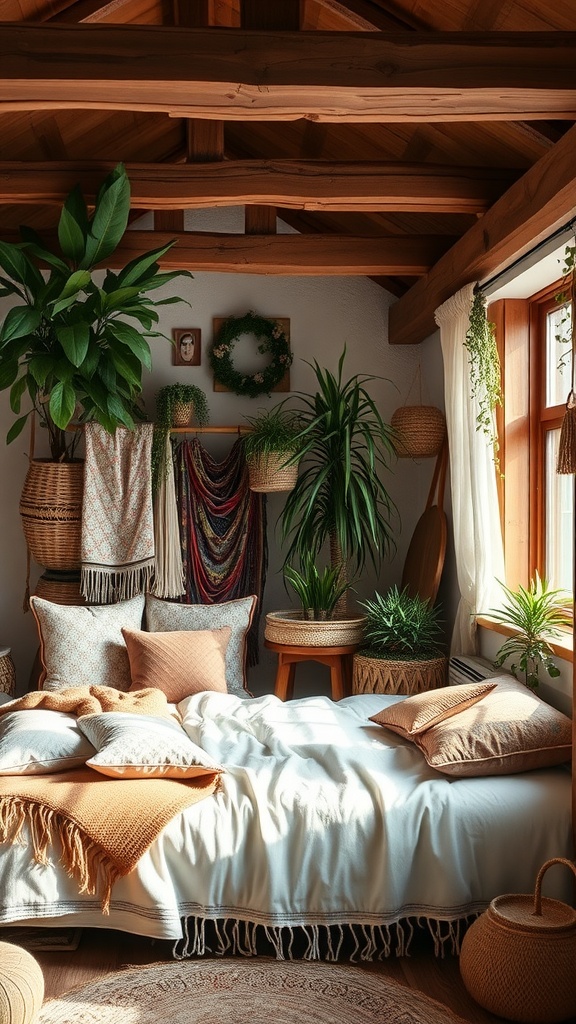 A rustic boho bedroom with wooden beams, plants, and cozy bedding, showcasing earthy tones and natural materials.