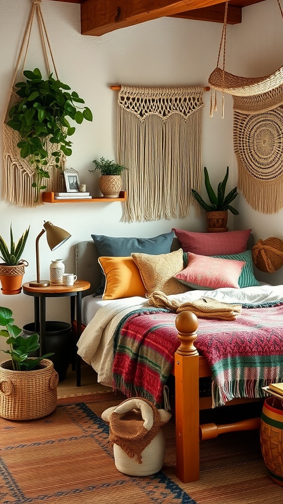 A cozy boho bedroom featuring a wooden bed, colorful cushions, plants, and macramé wall hangings.