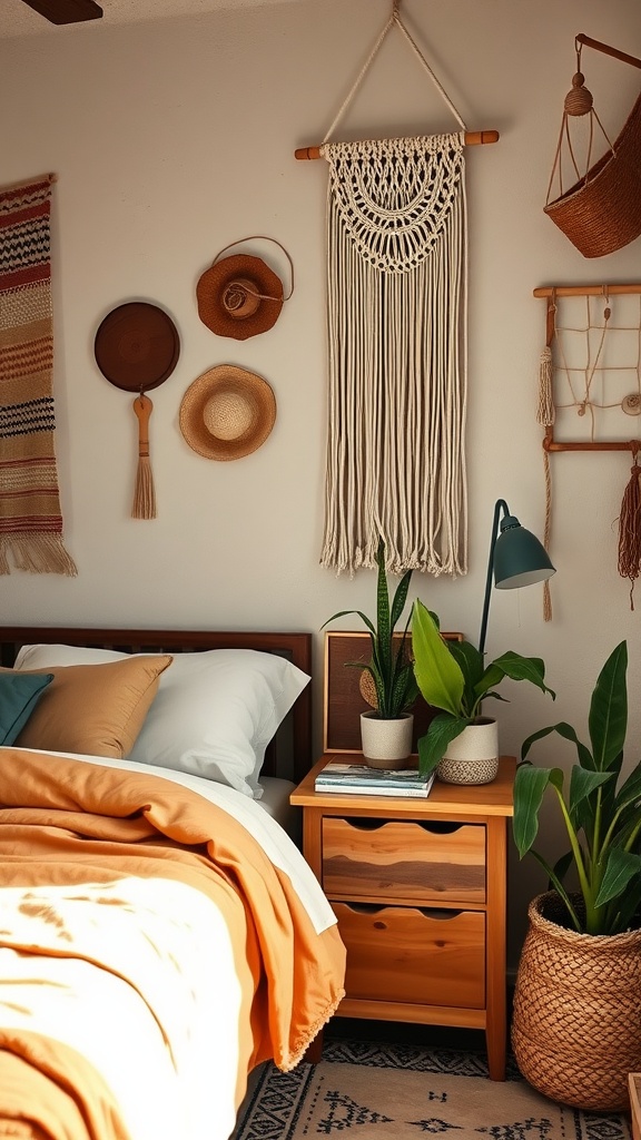 A cozy boho style bedroom with warm colors, plants, and macramé wall decor.