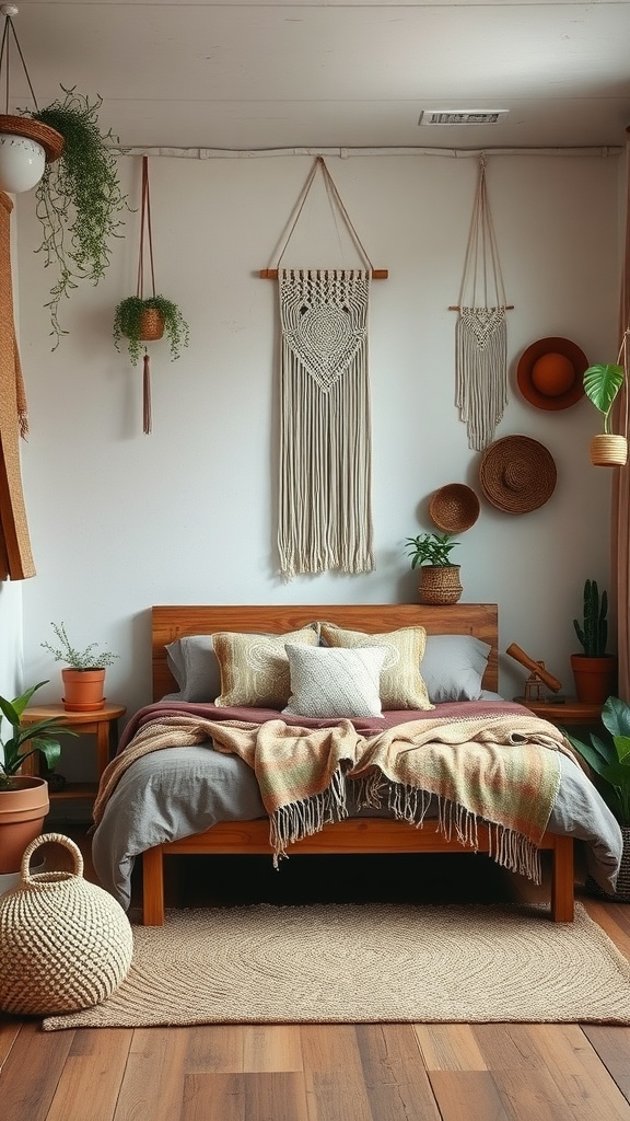 A cozy rustic boho style bedroom with a wooden bed, macramé wall hangings, and potted plants.