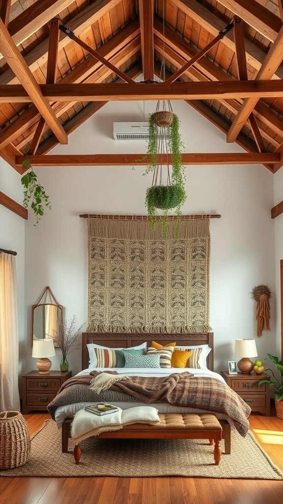 A rustic boho style bedroom with high ceilings, featuring wooden beams, colorful pillows, and hanging plants.