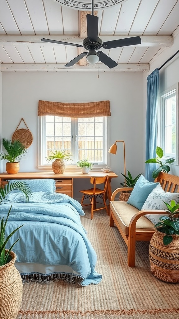 A light blue boho bedroom featuring wooden furniture, plants, and natural light.