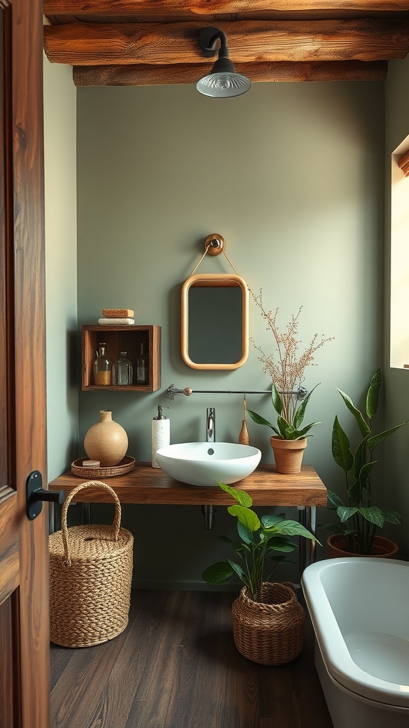 A rustic bathroom with sage green walls, wooden beams, and a wooden countertop featuring potted plants and woven baskets.