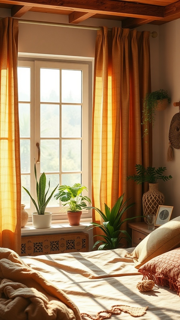 A cozy bedroom with rustic burlap curtains framing a window, surrounded by green plants on the windowsill.