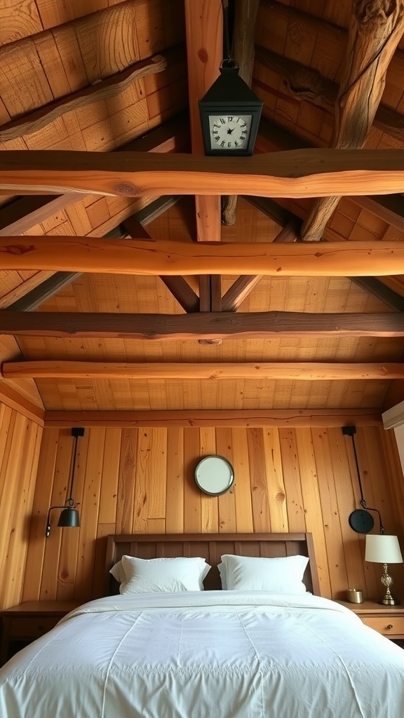 Cozy rustic ceiling design with wooden beams and a lantern clock.