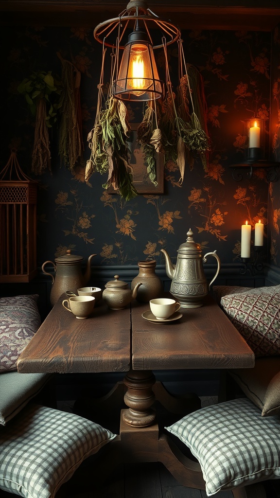 Rustic brew corner featuring a wooden table, vintage teapots, soft pillows, and hanging herbs.
