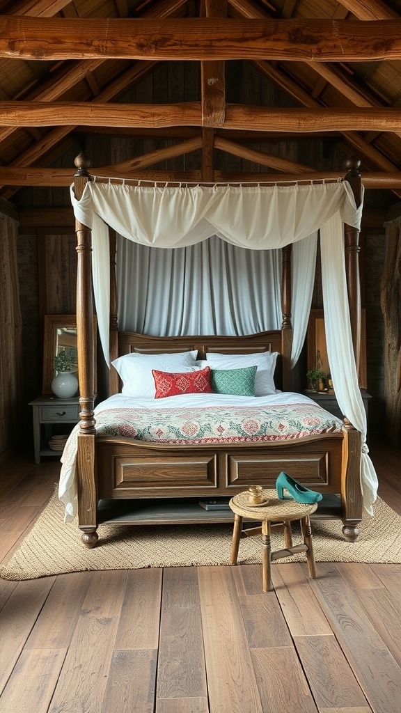 A cozy Boho bedroom featuring a canopy bed with wooden posts, soft drapes, colorful pillows, and a natural jute rug.