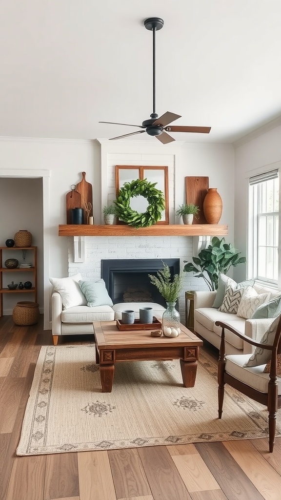 Cozy farmhouse living room with reclaimed wood accents, featuring a fireplace, plants, and comfortable seating.