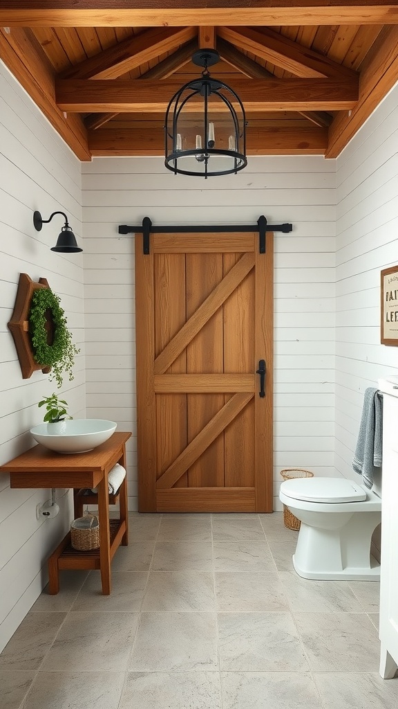 Rustic bathroom with wooden elements including a sliding barn door, wooden vanity, and shiplap walls