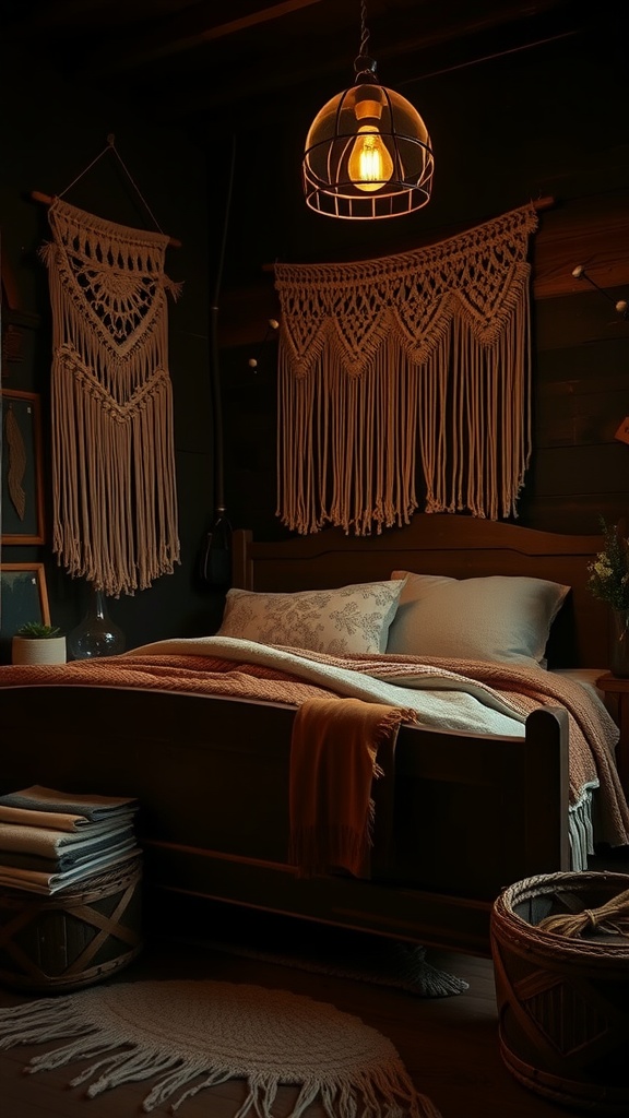 A cozy rustic dark boho bedroom featuring a bed with soft blankets, woven wall decor, and warm lighting.