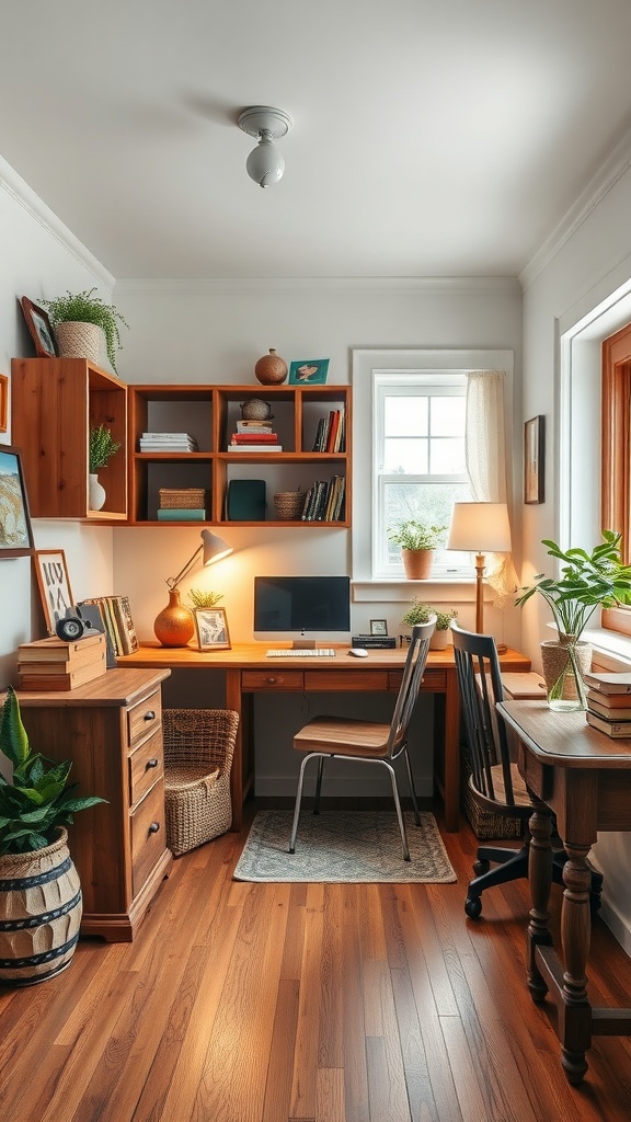 Cozy tiny home office with wooden furniture, plants, and warm lighting